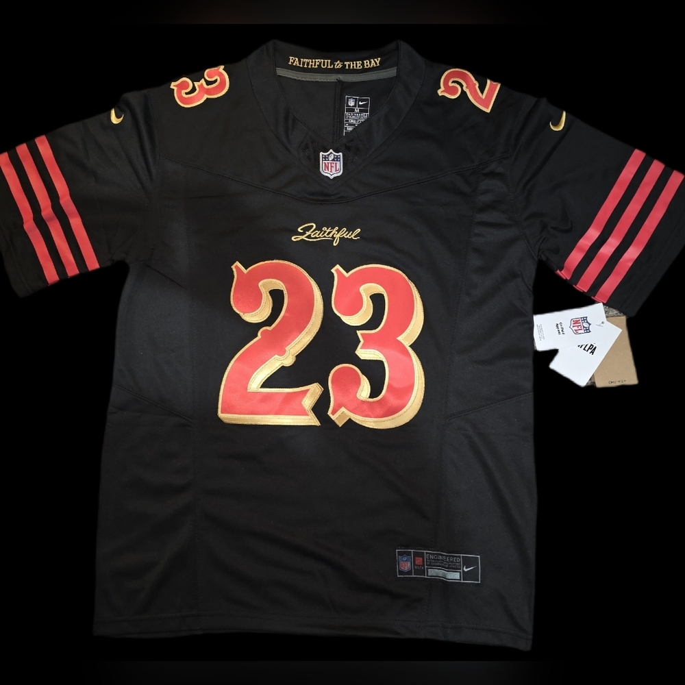#23 McCaffrey 49ers "The Faithful" Black Jersey Mens - Picture 2 of 3